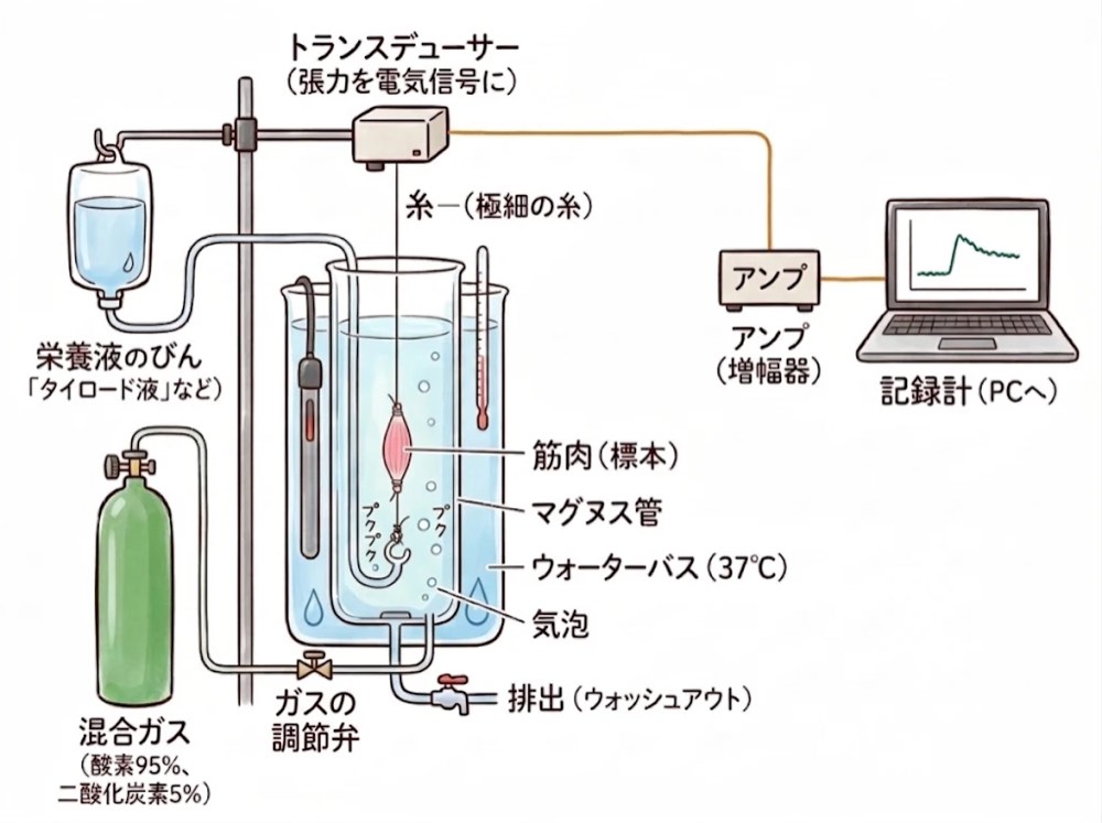 マグヌス装置のイラスト。37℃のウォーターバスの中のマグヌス管に栄養液(タイロード液など)を満たし、混合ガス(酸素95%・二酸化炭素5%)を調節弁を通して通気する。筋肉(標本)の下をフックで固定し、上を極細の糸でトランスデューサーにつなぐ。トランスデューサーの信号をアンプで増幅し、記録計(パソコン)で記録する。栄養液は排出して入れ替える(ウォッシュアウト)。
