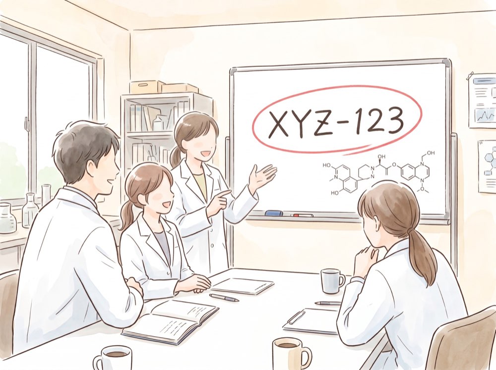 研究所の会議室で、白衣の研究者たちが、ホワイトボードに大きく書かれて赤丸で囲まれた開発コード「XYZ-123」と化学構造式を見ながら、うれしそうに話しているイラスト。